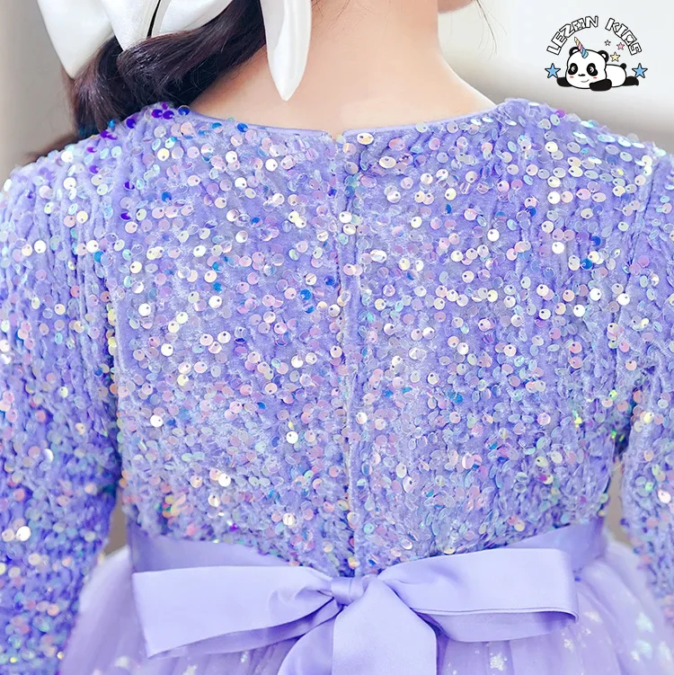 LEZONKIDS - 2024 Novas Tendências de Vestidos com Lantejoulas Roxos para Crianças com Mangas Longas para Primavera e Outono
